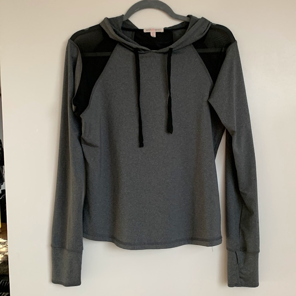 Trendy Mesh Cutout Workout Hoodie with Thumbholes Large